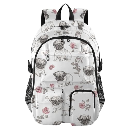Mochila de viaje con perros carlinos blanca para trayectos de oficina y escapadas