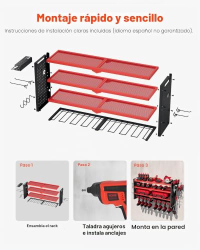 Miniatura 6 de Vevor Organizador De Herramientas Eléctricas De Pared, Estante De Almacenamiento De 4 Capas Con 8 Portabrocas, Con Tableros Perforados Laterales, Para Garaje, Banco Y Taller, Rojo Brillante Mate