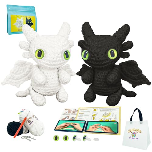 LuNuaFvy Kit de crochê para iniciantes, kit de crochê para adultos, kit de crochê para adultos, conjunto de crochê e tricô com fio macio, vídeo e livro, bolsa, presente para crianças (dragão)