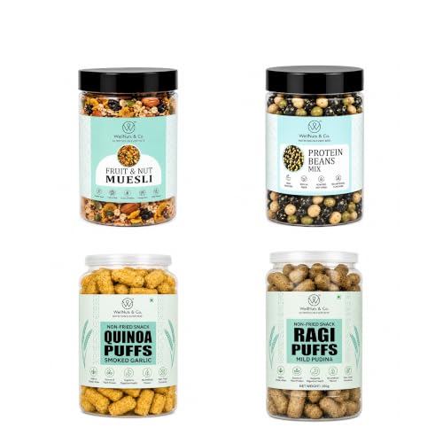 Image of WellNuts & Co. Healthy Snack Combo Pack of 4 |Fruit Nut Meusli - 200g, Protein Beans - 200g, Quinoa Puffs Smoked Garlic - 200g, Ragi Puffs Mild Pudina - 200g| Roasted & Ready to Eat Snacks | High Protein & High Fiber Combo | Snacks for Healthy Everyday