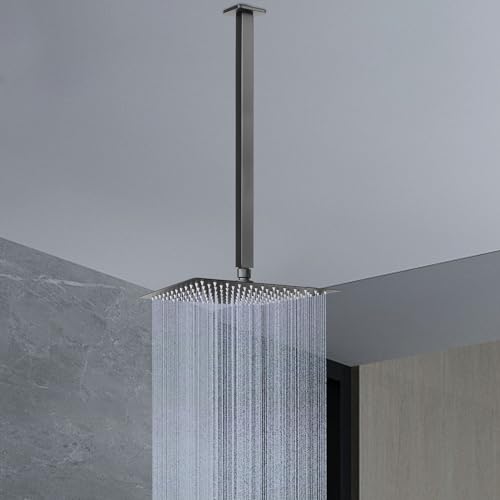 Image of Ceiling Mounted Shower Arm, Rain Shower Square Extension Arm with Flange and Teflon Tape Stainless Steel Ceiling Mount Shower Extender (24 Inch, Matte Black)