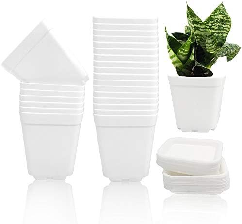 24 Pcs 3 Inch Plastic Plant Pots,White Square Plastic Planters,Seedling Nursery Pots with Saucer,Flower Plant Pots Indoor Outdoor for Succulents,Flowers,Cactus,Garden Office and Balcony Decor