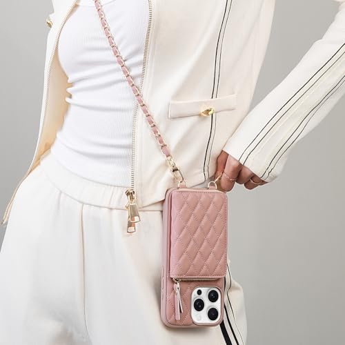 LAMEEKU Compatible with iPhone 16 Pro Max Wallet Case with Card Holder, Quilted Leather Crossbody Zipper Case for Women Design for iPhone 16 Pro Max 6.9'' Pink by LAMEEKU - Used condition - Image 3