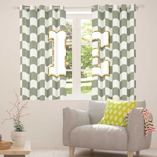 Image of Erosebridal Sage Green Checkered Window Curtains 38 inch Wx54 L Plaid Initial E Blackout Curtains for Bedroom Living Room,Personalized Monogram Window Treatments Grids Gingham Drapes Decor 2 Panels