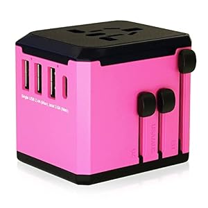 Travel Adapter, Universal Wall Charger AC Plug Adaptor with 3.6A Smart Power and 3.0A USB Type-C for USA EU UK AUS (Pink)