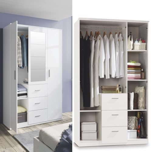 Armario Recibidor Pasillo con Espejo 3 Puertas y Tres cajones, Acabado en Color Blanco Brillo, Medidas: 117 cm (Ancho) x 203 cm (Alto) x 52 cm (Fondo)