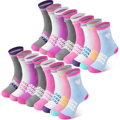 16 Pairs Kids Crew Athletic Socks Cotton Mid Calf Socks with Retro Stripes Hearts for Girls Boys Sports Football