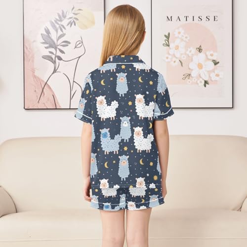 ALAZA Cute Alpaca Moon Star Satin Pajamas Set Short Sleeve Button Down Sleepwear Summer Pjs 2 Piece4