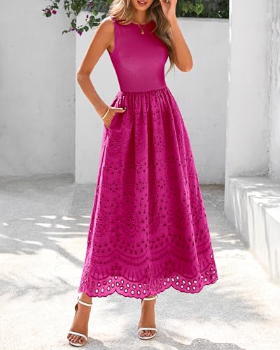 Image of dowerme Women Summer Dresses 2026 Casual Sleeveless Crewneck A-Line Boho Lace Eyelet Cotton Tank Maxi Dress with Pockets
