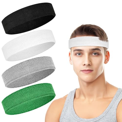 4 Pack Cotton Terry Sweat Headbands for Men Women Running Gym