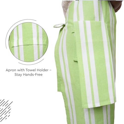 Image of Encasa XO Cotton Cooking kitchen Apron for Women and Men chef apron With adjustable neckstrap, Pocket & Towel Holder for Easy cooking, Baking, BBQ, Gardening- Franca Lime Stripes, 68x85 cm