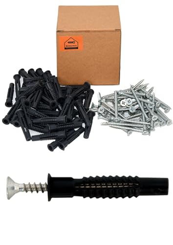 Netzerkoz - Juego de 100 tornillos y tacos para madera con cabeza avellanada en cruz, 50 unidades de 5 x 60 cm con 50 tacos de 8 mm, tornillos para aglomerado y tacos de ladrillo negro
