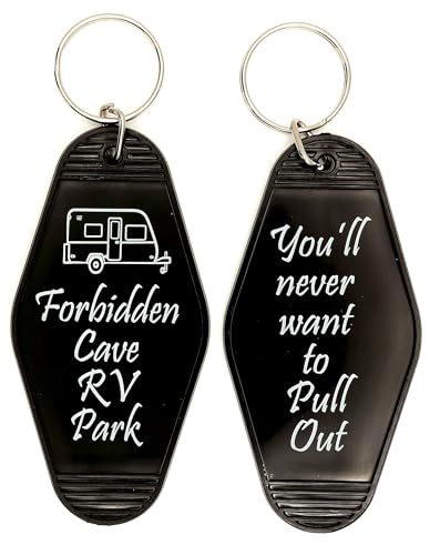 Vintage Style Hotel Motel Keychain Novelty Suggestive Funny Two-Sided Adult Humor Naughty Fun Gag Gift Camper Camping (Black Forbidden Cave)