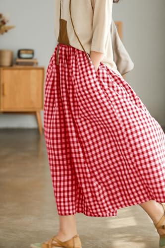 Image of chouyatou Women's Cotton Linen Pants Elastic Waist Plaid Gingham Wide Leg Capri Palazzo Pants