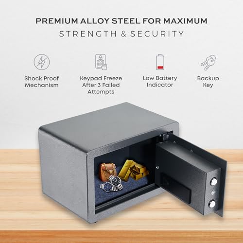 Image of LAPO Safety Locker Box for Home, Safe Locker with Electronic Keypad & Emergency Keys with LCD Display, Tijori Box for Home, Office, Bedroom, 2 Year Warranty (Alloy Steel, 10 Liter, Weight-4.8 Kg,Grey)