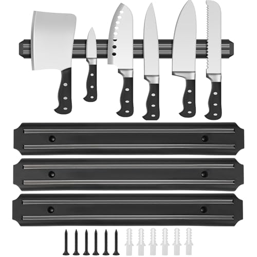 3 Piece Magnetic Knife Strips, 33cm/13inch Magnet Knife Holder for Wall, Magnetic Knife Rack Set, Load-Bearing 500-800g Knife Magnet, Black Multipurpose Tool Holder, for Kitchen, Workshop, Office