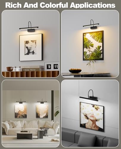 Image of Picture Light, 5000mAh Battery Rechargeable Wall Sconce,16 inch Black Art Painting Light with Remote Dimmable, 3 Color temperatures & Timmer Art Lights for Paintings,Picture Frame,Gallery