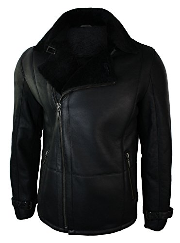 TruClothing Mens Winter Real Sheepskin Black Mid Length Fitted Designer Jacket Cross Zip