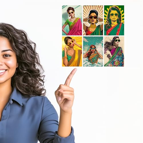 Image of SiddArtify Modern Pop Art Women in Sarees Print Set - Set of 2-4x6 Inch - Board (Pack of 6) - Sticker (Pack of 6) Wall Room Decoration art Poster Prints