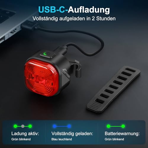 toptrek Fahrrad Rücklicht LED 200m Sichtweite, Rücklicht Fahrrad 13h Akkulaufzeit, StVZO zugelassen, USB-C Aufladbar, IPX5 Wasserdicht Fahrradlicht Hinten für Rennrad E-Bike MTB Citybike