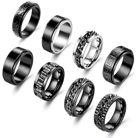 NICEIGHT 8Pcs Stainless Steel Spinner Rings for Men Women Black Fidget Rings for Anxiety Relief Band Rings Cool Chain Fashion Ring Set Size 7-13 Size 13 Cover