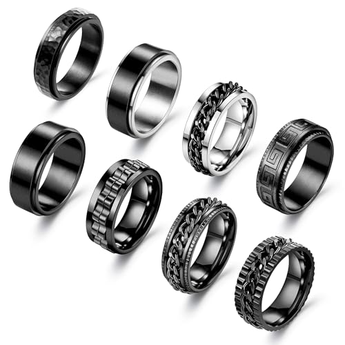 8Pcs Stainless Steel Spinner Rings for Men Women Black Fidget Rings for Anxiety Relief Band Rings Cool Chain Fashion Ring Set Size 7-13