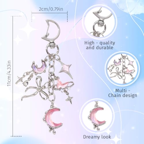 Image of Zibuyu Silver Alloy Keychain, Pink Moon Star Butterfly Dangle Bag Charm | Adds Style to Bags, Helps Locate Keys, Silver Alloy, Multi-Chain Dangle, Pearl Bow Accents, Wipe Clean