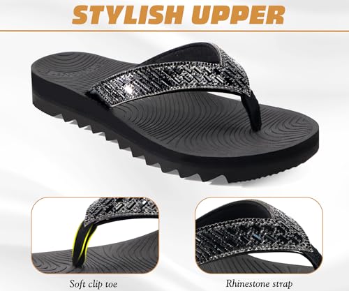 KuaiLu Womens Orthotic Flip Flops with Arch Support Yoga Mat Cushion Fashion Rhinestone Sandals Summer Walking Beach Travel Thong Slides Comfy Plantar Fasciitis Indoor Outdoor Sandles US5-114