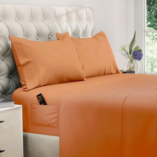 Image of DREAMCARE Queen Sheet Set - 4 pcs Breathable Cooling Sheets - up to 21 inch Extra Deep Pocket Queen Sheets Set with Side Pockets - Extra Soft 100% Brushed Hypoallergenic Hotel Luxury Bedding, Terracota
