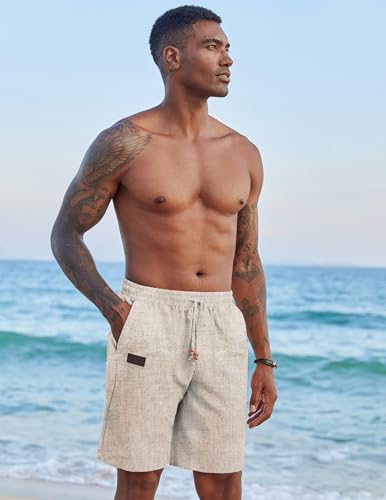 Image of COOFANDY Mens Casual Linen Shorts Elastic Waist Drawstring Loose Fit Summer Beach Vacation Shorts with Pockets