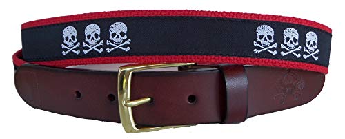 Mens Jolly Roger Leather Belt, Leather Tab and Buckle, Jolly Roger on Black Ribbon with Red Webbing
