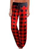 NEWCOSPLAY Women's Comfy Pajama Pants Floral Print Drawstring Palazzo Lounge Wide Leg Pants (Red/Bla