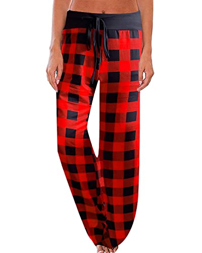 Newcosplay Women's Comfy Pajama Pants Floral Print Drawstring Palazzo Lounge Wide Leg Pants (Red/Black-Plaid, 3X-Large) #TOP1