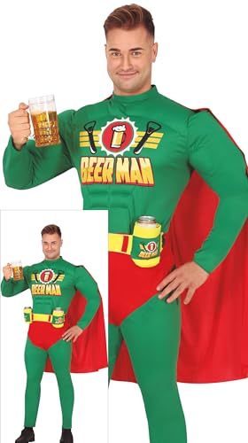 FIESTAS GUIRCA Beerman Superheld Karneval Kostüm Herren – JGA Lustiges Bier Kostüm Herren mit Muskeln & Dosenhaltern – Biermann Comic Superheld Alkohol JGA Herren Kostüm Karneval Fasching Größe L