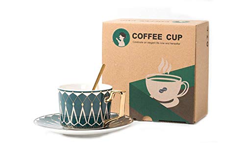 Primst Ensemble tasse à café et soucoupe à motifs géométriques 209,8 g avec tasse à café et soucoupe, ensemble moderne de tasses à cappuccino/latte/expresso (vert foncé) Cover
