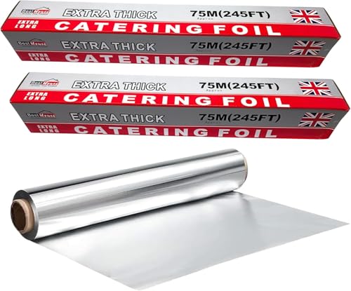 BH | Aluminium Foil Roll 450mm x 75m - 2 Packs | Tin Foil for Cooking Baking Grilling BBQ Roasting | for Hot Food Wrapping Preparing Storage | Keep Food Fresh & Hot for Long Time - by BEST HOUSE