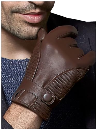 GSG SINCE 1998 Guantes Piel Hombre y Cuero – Piel de Oveja Sin Cromo, Compatibles con Pantalla Táctil, Guantes de Invierno para Conducir con Forro de Cachemira Marrón Oscuro XL