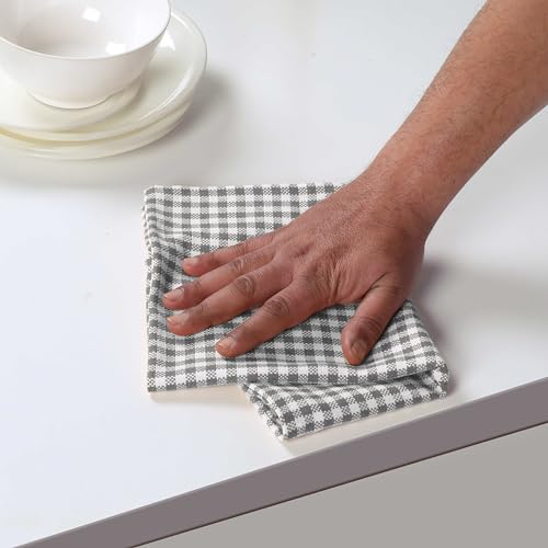 Image of 4 Pack Gingham Check Kitchen Dish Towels 16x26 Inches, Absorbent & Durable, Washable, Hand Tea Towels with Hanging Loop - Ideal for Restaurants & Home Kitchens, Grey White