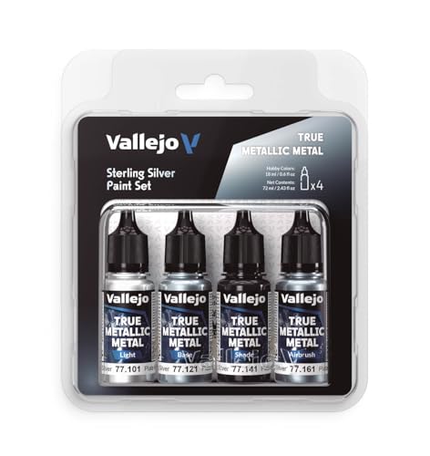 Vallejo True Metallic Metallfarben-Set, 4-teilig, Silber, steril, ideal zum Lackieren von Metallen, inklusive Basis, Licht, Schattierung und Airbrush, BSL-System für gleichmäßige Ergebnisse