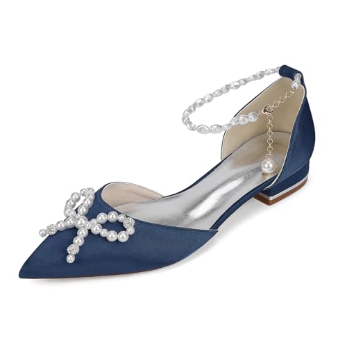 Women's Pearl Wedding Flats for Bride,Pointed Toe,Satin,Bow,Ankle Strap,Bridal Shoes