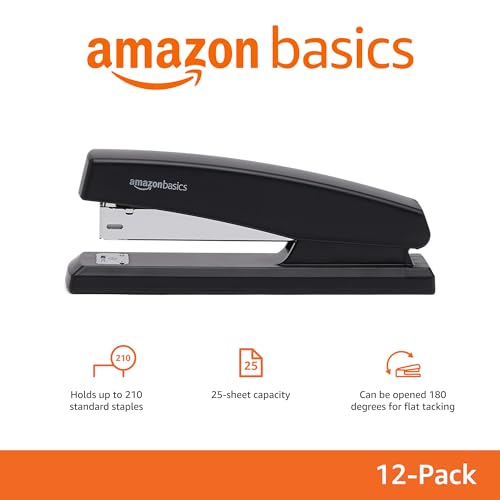 Image of Amazon Basics Office Desk Stapler, 25-Sheet Capacity, Non-Slip with 1000 Staples, Black, 12-Pack