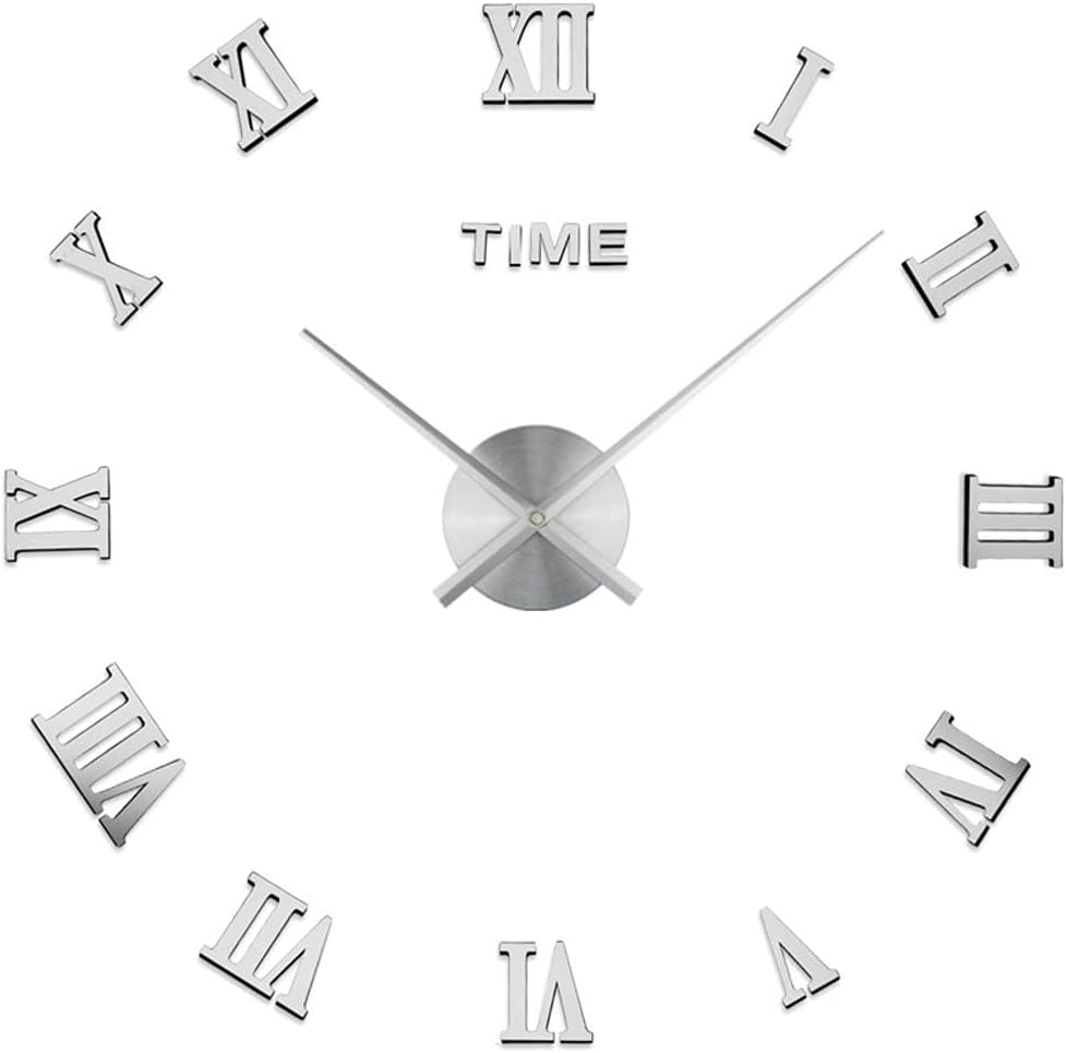 Frameless Mirror Wall Clock, 3D DIY Large Roman Numerals Stickers Self-Adhesive Silent Wall Stickers Decorations for Living Room (Color : Silver, Size : D28-35in)