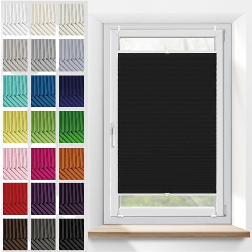 Plisseerollo Faltrollo Plissee ohne Bohren 45 x 225 cm, Sonnenschutz Easyfix lichtdurchlässig, Plissee ohne Bohren Zum Klemmen, Thermo Plissee ohne Bohren, für Fenster & Tür, Schwarz