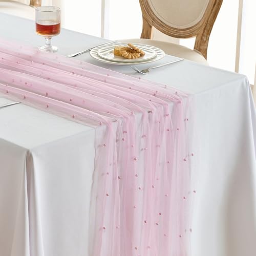 Fanami 1 Pack Pearl Table Runner -10FT Blush Pink Boho Tulle Table Runners 120 Inches Long Rustic Sheer Lace Fabric Centerpieces for Wedding Arch Birthday Party Bridal Veil Baby Shower Decorations