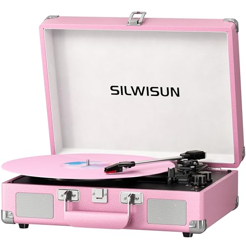 Silwisun Bluetooth in/Out Record Player with Speakers Suitcase (Pink)