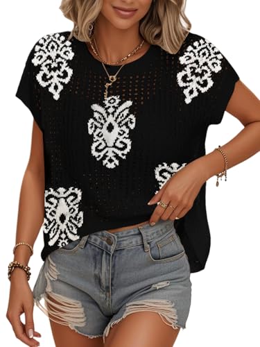 Image of Womens Summer Crochet Tops Hollow Out Cap Sleeve Cover Up Tank Top Pullover Sweater Vest Beach Vacation Clothes