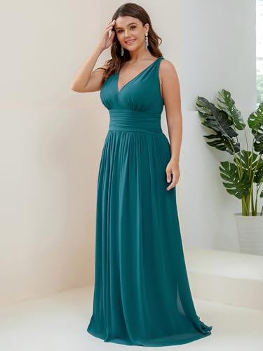Image of Ever-Pretty V Neck Sleeveless Pleated Chiffon Maxi Plus Size Formal Dress for Women Bridesmaid Dresses 09016-DA