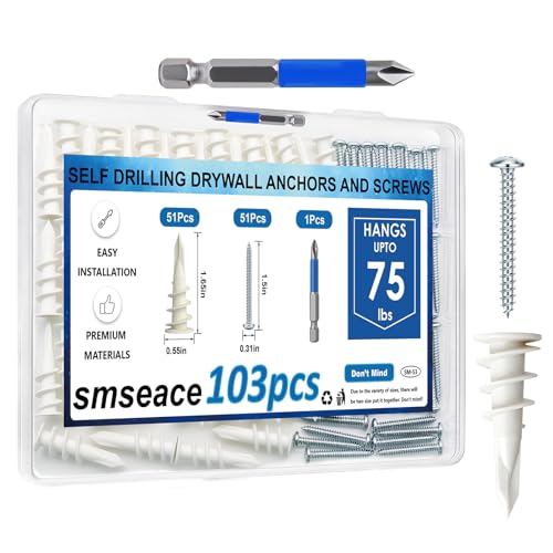 smseace 103 anclajes autoperforantes para paneles de yeso con kit de tornillos, 51 tornillos autorroscantes #8-1-1/2 pulgadas, 51 anclajes para paneles de yeso, 1 broca soporta hasta 75 libras