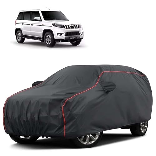 Image of Sulfar 100% Water Resistant Car Body Cover Compatible with Mirror for Mahindra Bolero Neo Plus (Triple Stitched, Full Bottom Elastic, Dark Grey Tafetta with Red Piping)