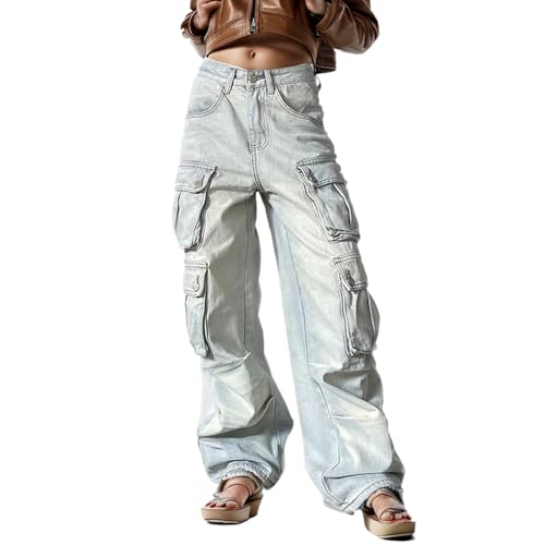 Womens Y2k Cargo Jeans High Waisted Straight Wide Leg Baggy Jeans Casual Loose Hip Hop Denim Pants Streetwear